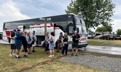 The bus arrives after a long journey