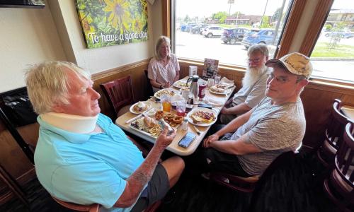 Set up crew, breakfast at Perkins