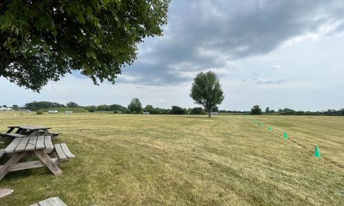 Our campsite - ready for tents. The grass is much drier than usual our to no rain